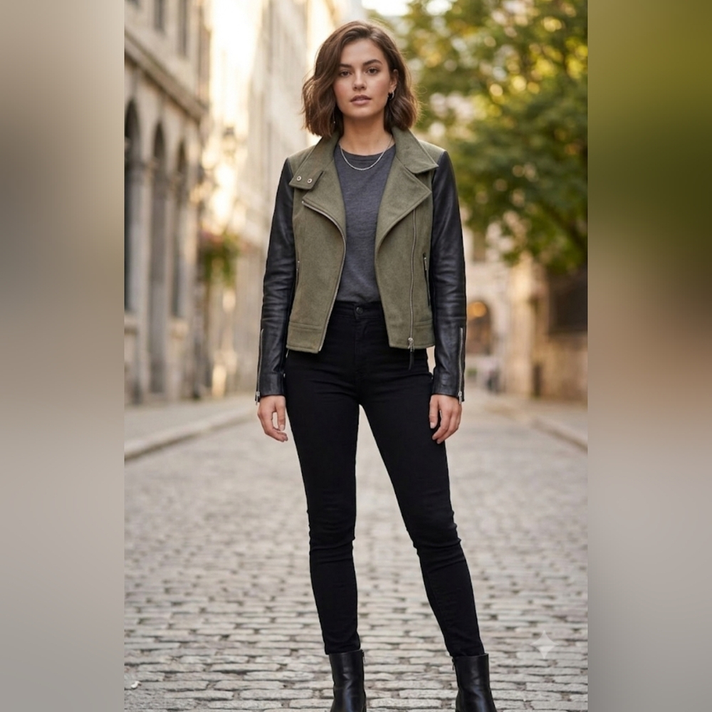 Mackage Olive Green Body with Black Leather-Sleeve Moto Jacket